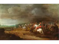 Schlachtenszene Unter Dunklen Wolken by Pieter Meulener, oil on panel, offered Jun 2025