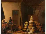 Interieur mit Figuren und Gefässen by Jan Steen, oil on panel, sold Mar 2024
