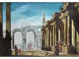 Palast mit Ruinen und Figurenstaffage by Filippo Gagliardi, oil on canvas, sold Jun 2023