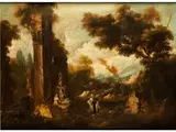 Fantasielandschaft mit Ruinen und Figurenstaffage by Antonio Francesco Peruzzini, oil on canvas, offered Sep 2015
