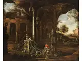 Blick auf Eine Landschaft mit Römischen Ruinen und Jagdgesellschaft by Mathias Calzetti Withoos, oil on canvas, offered Apr 2020