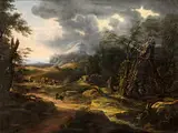 Gewittrige Landschaft mit Hirte und Herde by Carlo Antonio Tavella, oil on canvas, sold Mar 2015