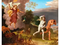 Die Vertreibung von Adam und eva aus dem Paradies by Daniel Vertangen, oil on copper, sold Apr 2020