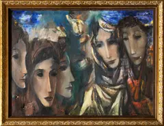 Faces by Boris Deutsch, 1962, oil on canvas, sold Jul 2024