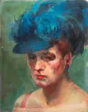 Portrait of a Woman in a Blue Feathered Hat by Roy Moskowitz, Oil on Board, sold Oct 2025