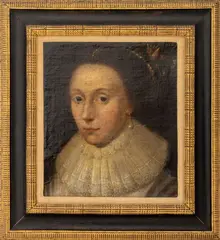 Portrait of a Lady with Elaborate Lace Collar and Pearl Earring by George Jamesone, Oil on Canvas, sold Nov 2025