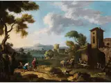 Altes Dorf mit Bauern und Fischern an Flusslandschaft by Nicola Viso, oil on canvas, offered Sep 2024