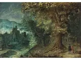 Waldlandschaft mit Blick auf Stadt by Adriaen van Stalbemt, oil on copper, sold Sep 2023