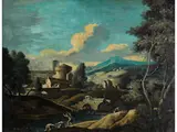 Landschaft mit Burganlage, Flusslauf und Figuren by Marco Ricci, oil on paper, offered Sep 2024