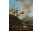 Hügelige Landschaft mit Rindvieh und Esel by Willem Romeyn, oil on canvas, sold Mar 2024