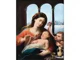 Maria mit dem Kinde und dem Johannesknaben vor Venedigkulisse by Angelo Massarotti, oil on canvas, sold Sep 2023