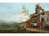Südliche Landschaft mit Bäuerlichem Gehöft vor Einer Antiken Ruine mit Wäscherinnen by Jules-César-Denis van Loo, oil on canvas, offered Dec 2019