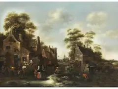Dorfansicht mit Figuren vor Einem Gasthaus by Klaes Molenaer, oil on canvas, sold Jun 2024
