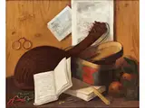 Trompe L’oeil mit Mandoline, Büchern und Früchten by Sebastiano Lazzari, oil on canvas, offered Jun 2024