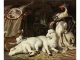 Innenraum mit Zwei Schafen, Einem Hund und Erlegtem Federvieh by Nicasius Bernaerts, oil on canvas, offered Jun 2024