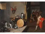 Mit Soldaten und Jungen mit Rotem Mantel by Matthieu Van Helmont, oil on panel, offered Mar 2023