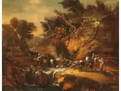 Hügellandschaft mit Figuren und Hirten by Cornelis Dusart, oil on canvas, offered Jun 2026