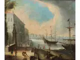 Belebte Hafenansicht mit Zwei Prachtvollen Fregatten by Orazio Grevenbroeck, oil on canvas, offered Mar 2023