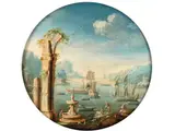 Küsten-capriccio mit Booten und Springbrunnen by Orazio Grevenbroeck, oil on copper, sold Jun 2021
