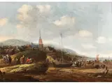 Strandansicht mit dem ort und den Bewohnern von Scheveningen by Thomas Heeremans, oil on panel, sold Dec 2023