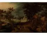 Baumlandschaft mit Gebäuden und Figurenstaffage by Gillis Claesz. de Hondecoeter, oil on panel, offered Sep 2015