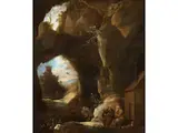 Fantastische Felsenlandschaft mit den Einsiedlern Paulus und Antonius by David Teniers d.J., oil on canvas, offered Sep 2024