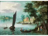 Flusslandschaft mit Anlegestelle by Pieter Gijsels, oil on copper, offered Jun 2024