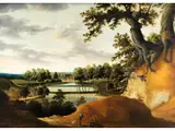Landschaft im Sonienwald mit Zwei Figuren, Einem Hund und dem Roten Kloster bei Brüssel im Hintergrund by Lodewyck de Vadder, oil on panel, offered Mar 2026