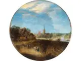 Weite Flusslandschaft mit Dorf und Figuren by Gillis Neyts, oil on panel, sold Dec 2024