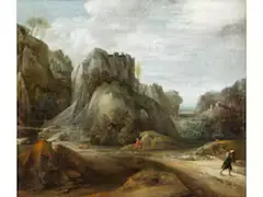 Felslandschaft mit Figuren by Joos de Momper, oil on canvas, offered Mar 2025