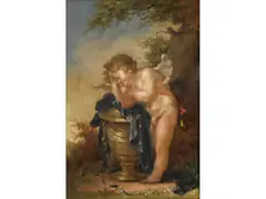 Der Weinende Amor by Januarius Zick, oil on panel, sold Jun 2023