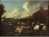 Schäfer bei der Rast vor Einer Stadt by Johann Heinrich Roos, oil on canvas, sold Mar 2024