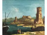 Landschaft mit Bucht, Turmruinen und Staffagefiguren by Francesco Albotto, oil on canvas, offered Mar 2024