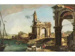 Capriccio mit Antikem Triumphbogen, Turm und Bogenloggia by Michele Marieschi, oil on canvas, sold Jun 2026