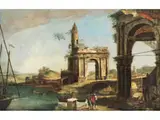 Capriccio mit Antikem Triumphbogen, Turm und Bogenloggia by Michele Marieschi, oil on canvas, sold Jun 2026