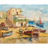 Untitled (Fishing Boats on the Shore) by Georges Lapchine, oil on canvas, sold Aug 2024