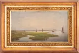 Landscape Scene with Ships by Lemuel L. Lowell, Oil on Panel, sold Nov 2025