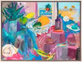 Still Life Scene in Blues and Purples by Ellen Liman, 2002, Oil on Canvas, sold Nov 2025