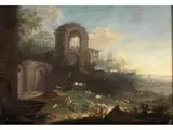 Idyllische Landschaft mit Ruinen und Hirten mit Ihren Tieren by Johann Christian Brand, oil, sold Mar 2024