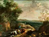 Reisende in Einer Landschaft mit Bach und Schafen by Adriaen Frans Boudewyns, oil on copper, offered Jun 2016