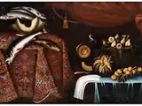 Stilleben mit Feigenkorob, Melonen, Stieglitz und Fischen by Giacomo Desti il Cardellino, oil on canvas, offered Sep 2023