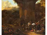 Fahrendes Volk im Schutz Einer Felsenhöhle by Nicolaes Pieterszoon Berchem, oil on canvas, sold Sep 2024