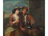 Liebespaar bei Weingenuss by Jan Jozef Horemans d. J., oil on panel, offered Sep 2023