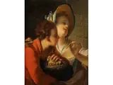 Junges Paar mit Vogelnest by Jean-Baptiste Greuze, oil on canvas, offered Sep 2024