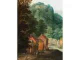Häusergruppe Unter Bäumen vor Hohem Burgberg by Adriaen van Stalbemt, oil on panel, offered Mar 2026