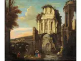 Antike Ruinenlandschaft mit Verfallenem Rundtempel by Giovanni Ghisolfi, oil on canvas, offered Sep 2023