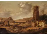 Italienische Landschaft mit Gehöften und Hohem Turm by Niederländischer Italianist des 17. Jahrhunderts, oil on panel, offered Dec 2024
