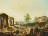 Italienische Landschaft mit Fluss, Antiken Gebäuderesten und Figuren by Francesco Zuccarelli, oil on canvas, offered Jun 2025