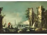 Fantastische Mediterrane Hafeneinfahrt mit Figuren by Antonio Stom, oil on canvas, offered Jun 2025