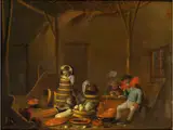 Drei Männer in Einer Scheune mit Küchenutensilien by Jan Spanjaert, oil on panel, offered Mar 2024